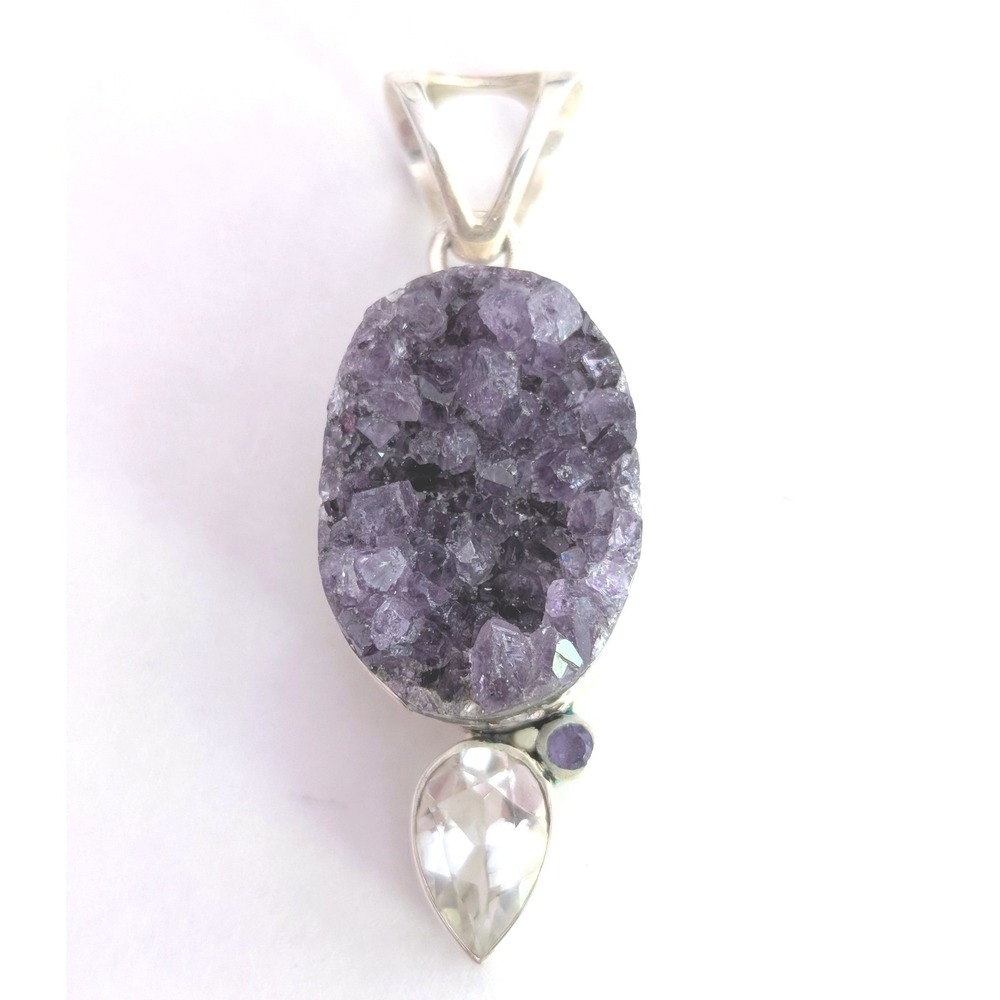 Arya 925 Sterling Silver Amethyst and Quartz Teardrop Pendant 19g
